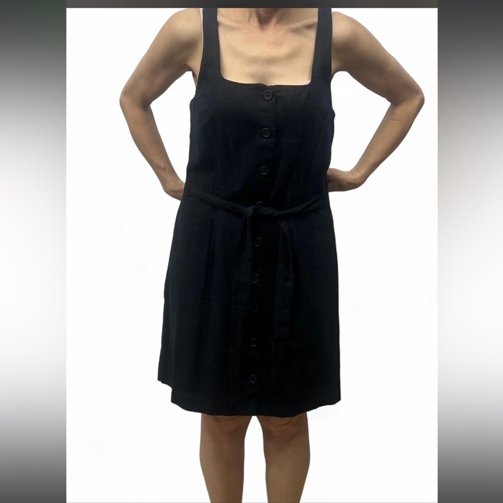 Sleeveless Black Button-Front Tie-Waist Dress